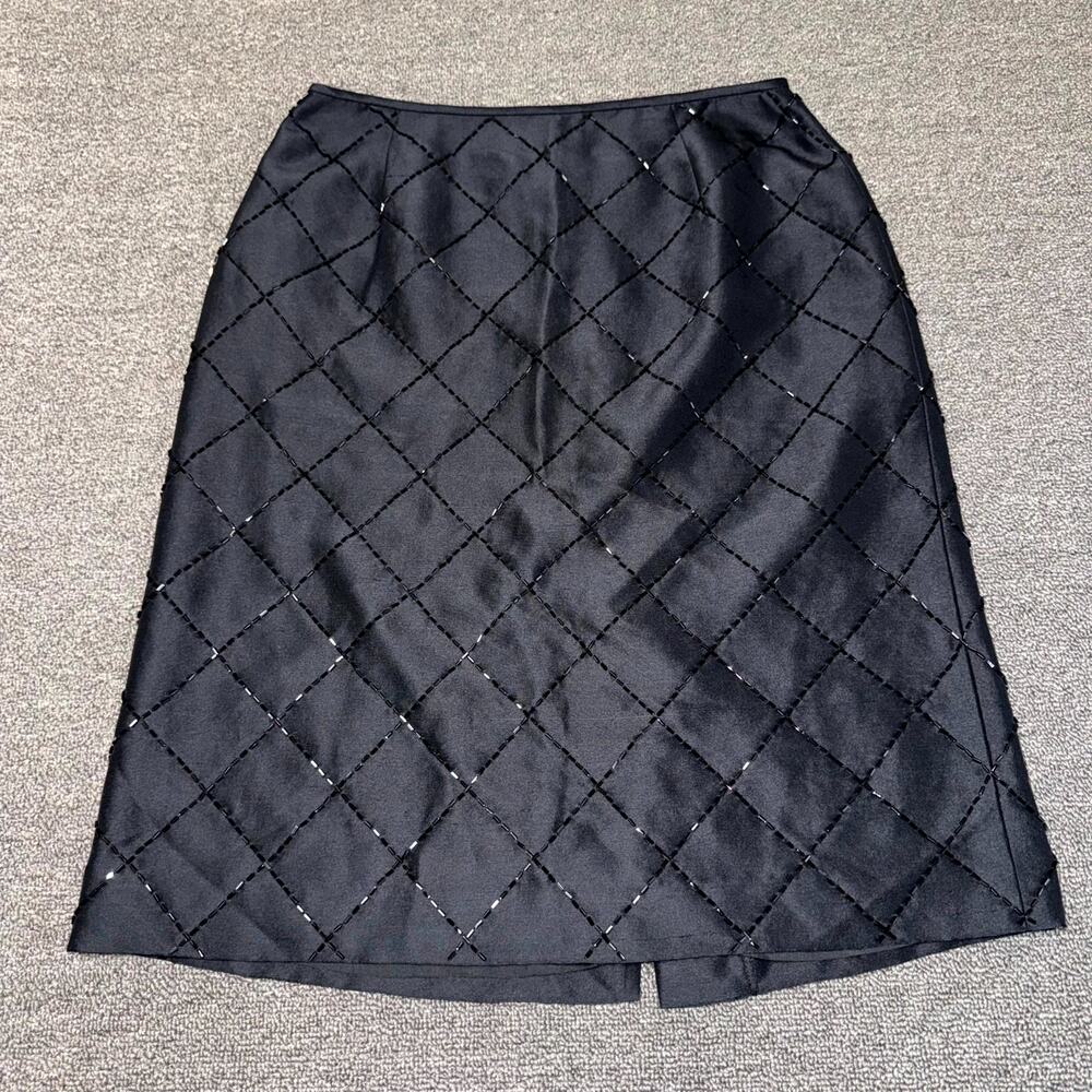 David Brooks A-Line Midi Silk Skirt Womens 8 Black‎ Beaded Elegant Back Zipper